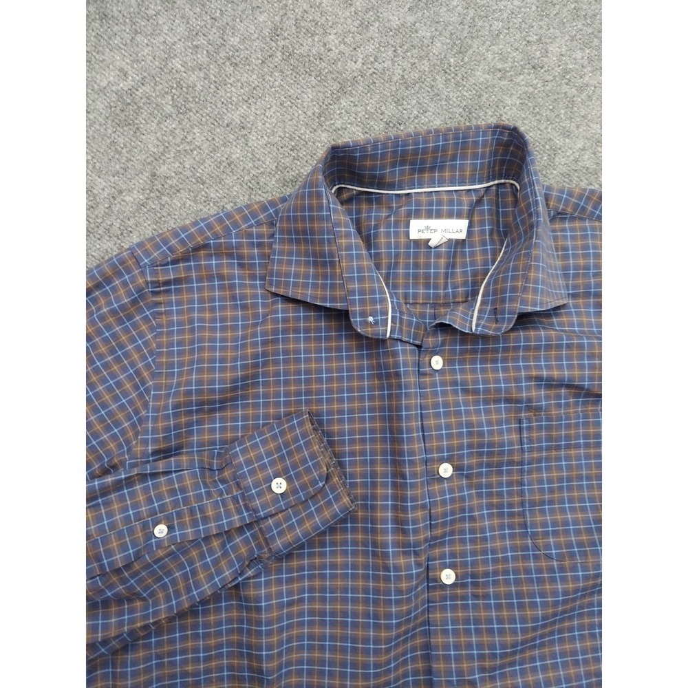 Peter Millar Shirt Mens XL Blue Plaid Button Up Silk Twill Cotton Dress Shirt